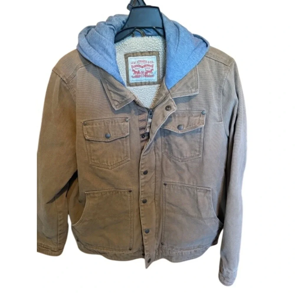 Levi's Mens Tan‎ Canvas Sherpa Lined Hooded Trucker Work Jacket Brown L/XL